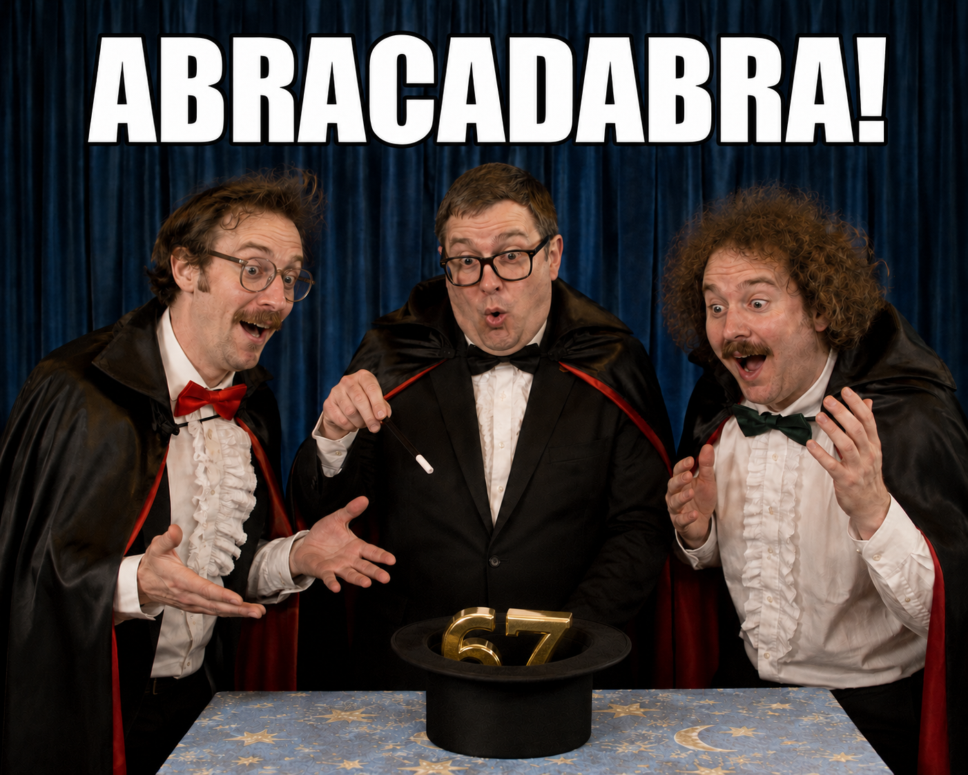 Three men dressed as magicians celebrating a 67th birthday, standing behind a table with a black hat and gold numbers 67, with a blue curtain background and the word "ABRACADABRA!" in large white text at the top.