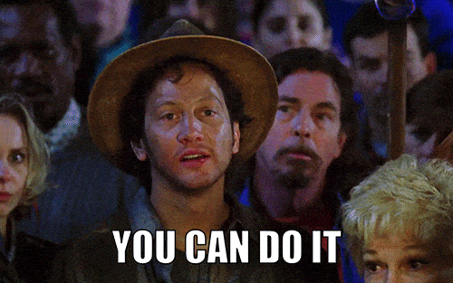 A group of people gathered, with one man in the foreground wearing a straw hat, and text overlay that says 'YOU CAN DO IT'.