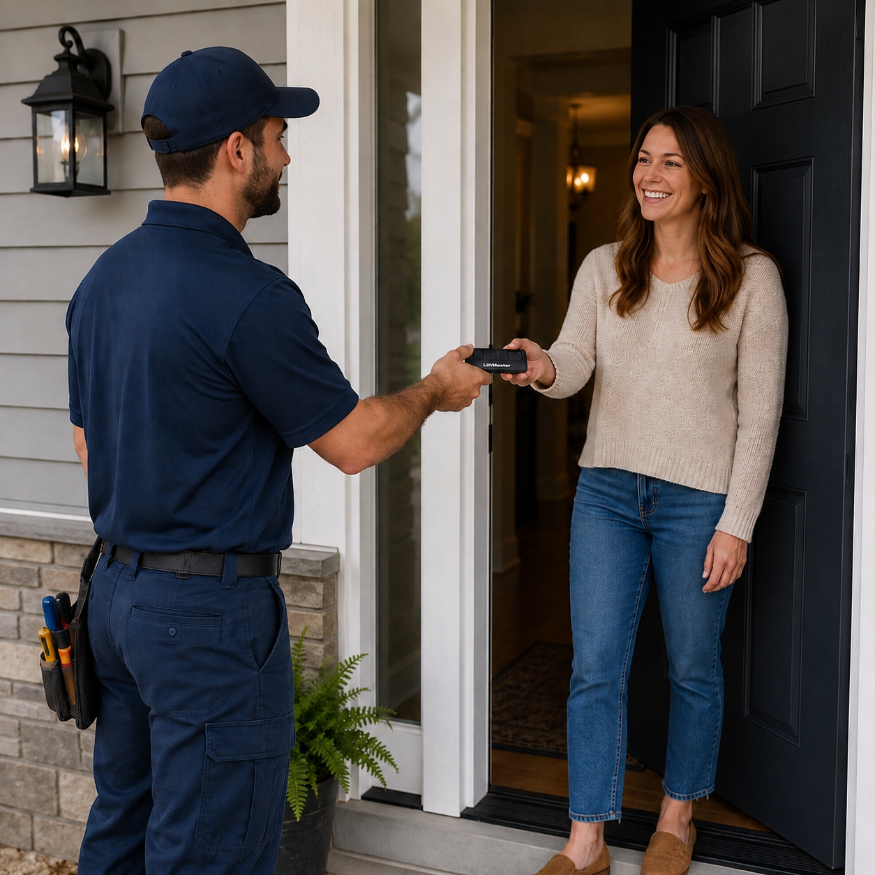 A delivery person in navy uniform and cap handing a package to a woman at her front door. The woman is smiling and wearing a beige sweater and blue jeans. The scene is outside a house with a black door and a lantern light outside.