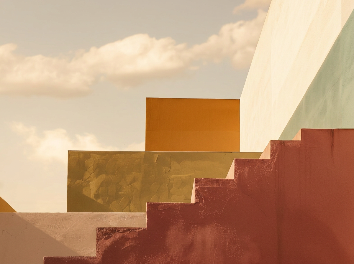 Colorful modern buildings with geometric shapes and steps, under a partly cloudy sky.