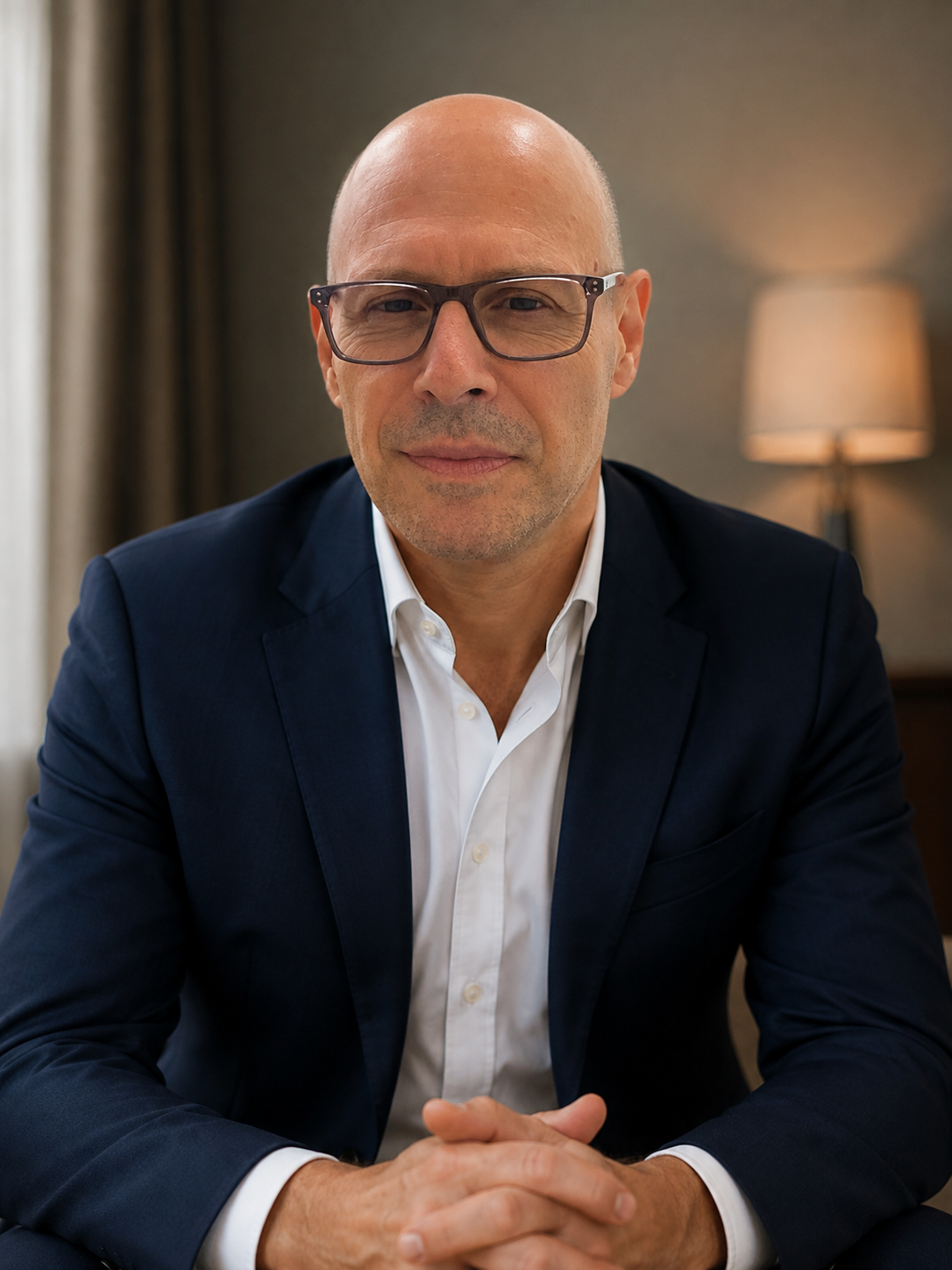 Portrait of a leather consultant in a dark blazer and white shirt, seated indoors.