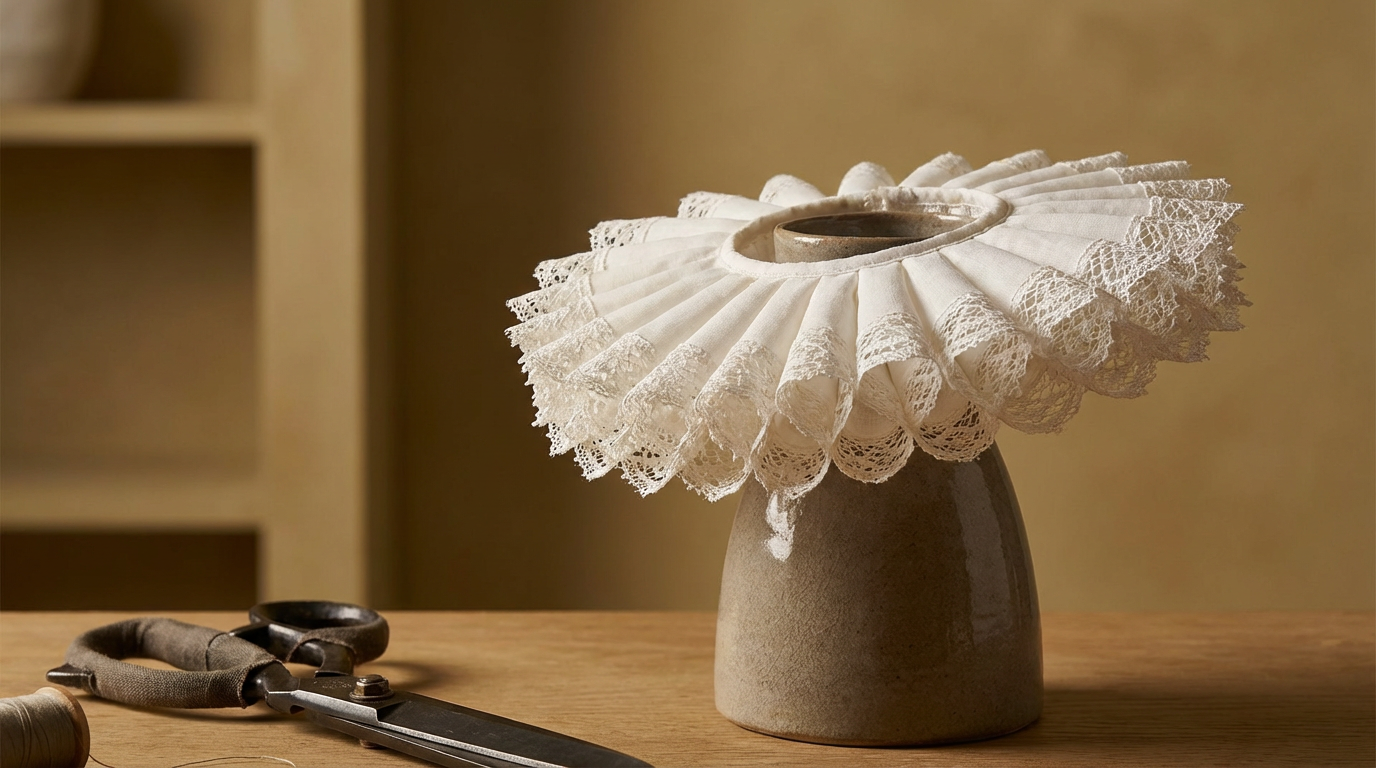 A ceramic vase holding a lace collar decorated with ruffles, with scissors and a spool of thread on a wooden surface.