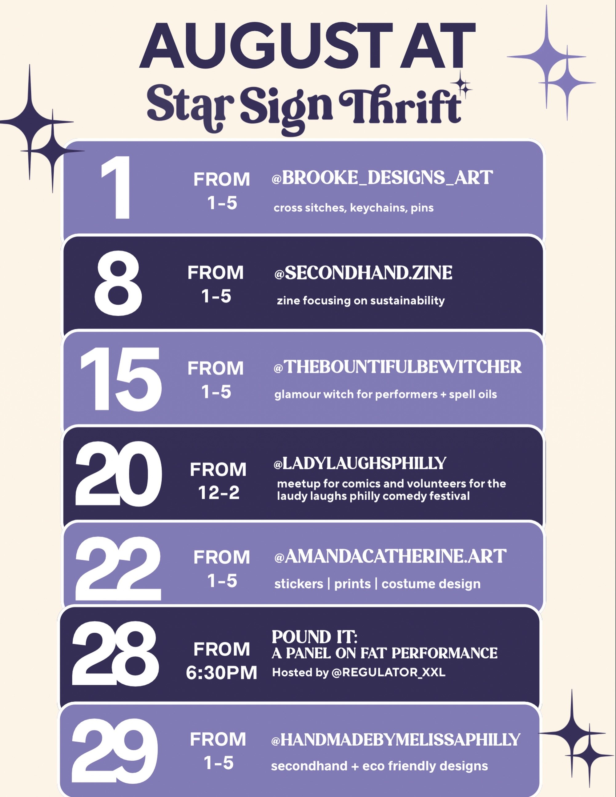 I know some of these dates have past and a little late is better than never&hellip; so here&rsquo;s our August pop up and event calendar 🗓️ 💫
 8/1 @brooke_designs_art 8/8 @secondhand.zine 8/15 @thebountifulbewitcher  8/20 from 12-2 @ladylaughsphill
