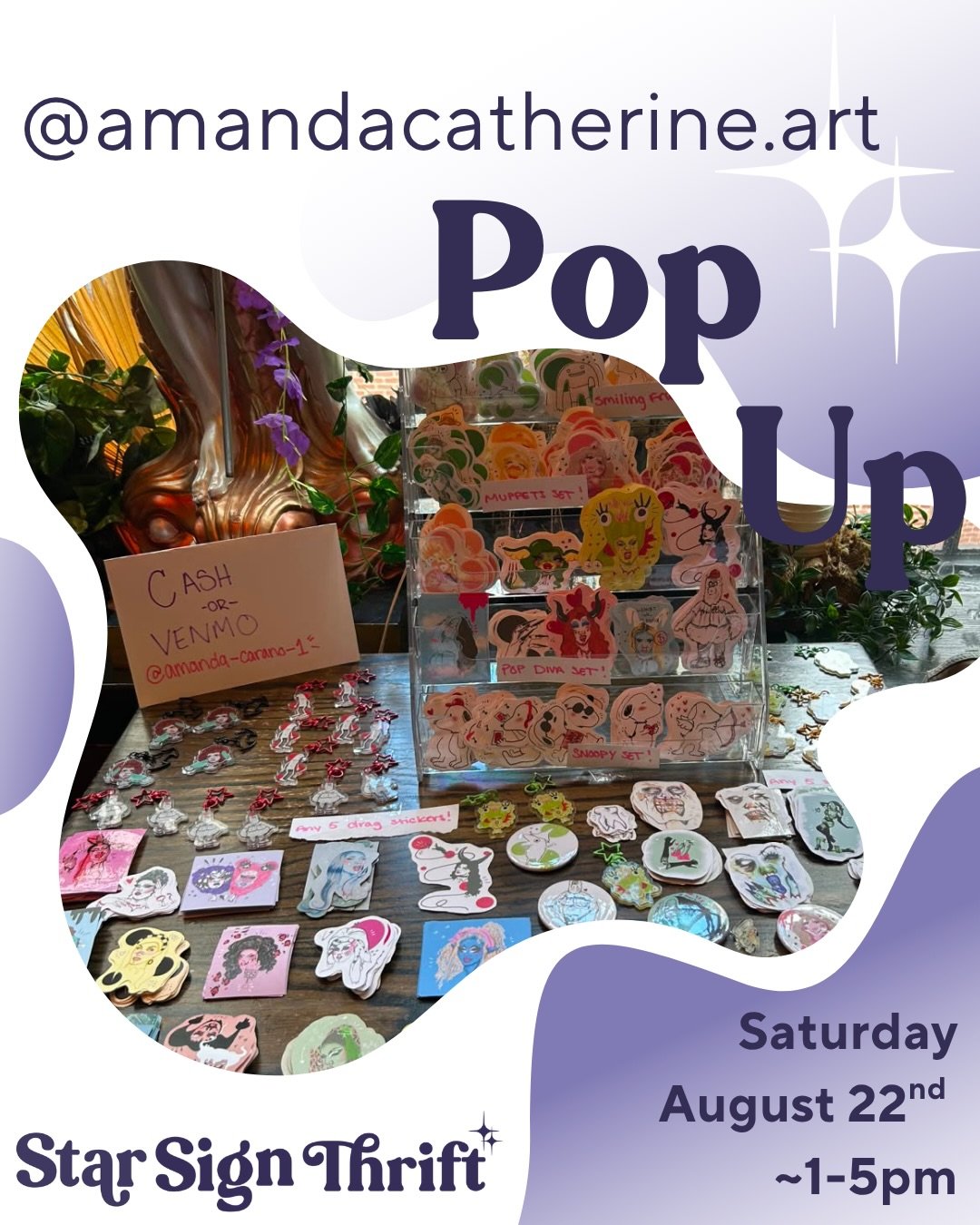 💫 @amandacatherine.art  Pop Up Saturday Aug 22nd 💫

Amanda is a local Philadelphia artist, doing both traditional and digital work she loves to turn her art into tactile things to make people happy! she draws inspiration from the things she loves t