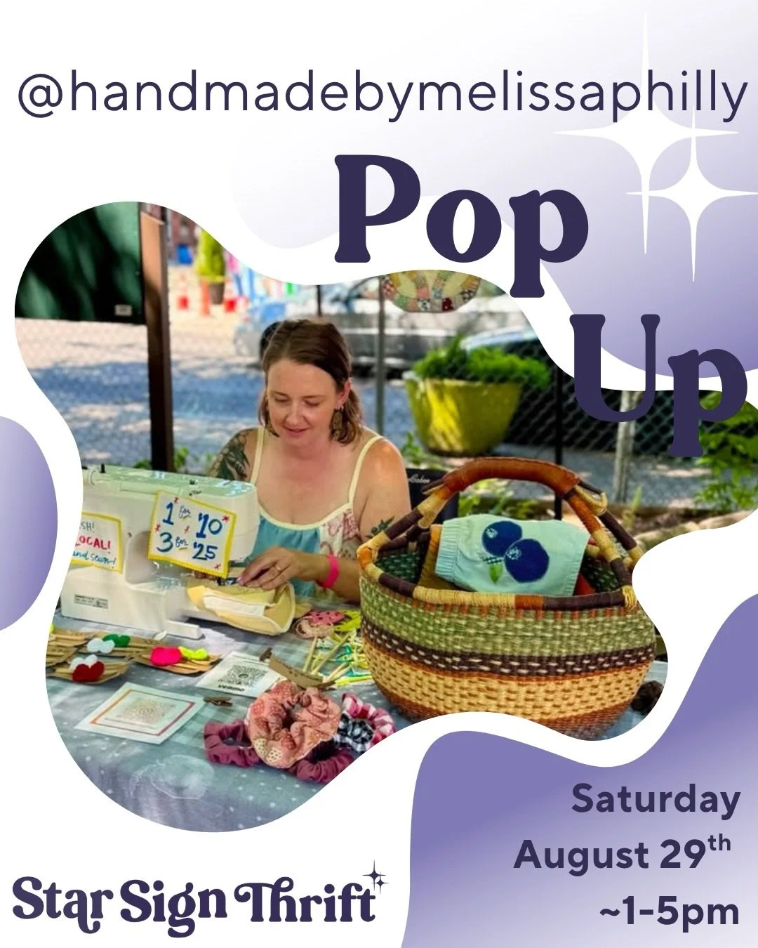 🧵Saturday August 29th @handmadebymelissaphilly  pop up 🧵

Melissa Manna Rutherford(she/her) is a Philadelphia based fiber artist. She uses second hand textiles and notions to create clothing and accessories for adults and children. 

Bring your own