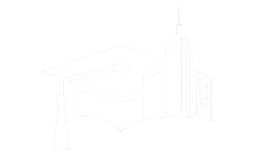 A white graduation cap and mortarboard combined with city skyline outlines on a black background.