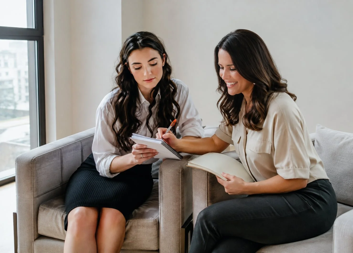 Two women sitting on a beige couch in a bright room, having a discussion while taking notes and holding notebooks.