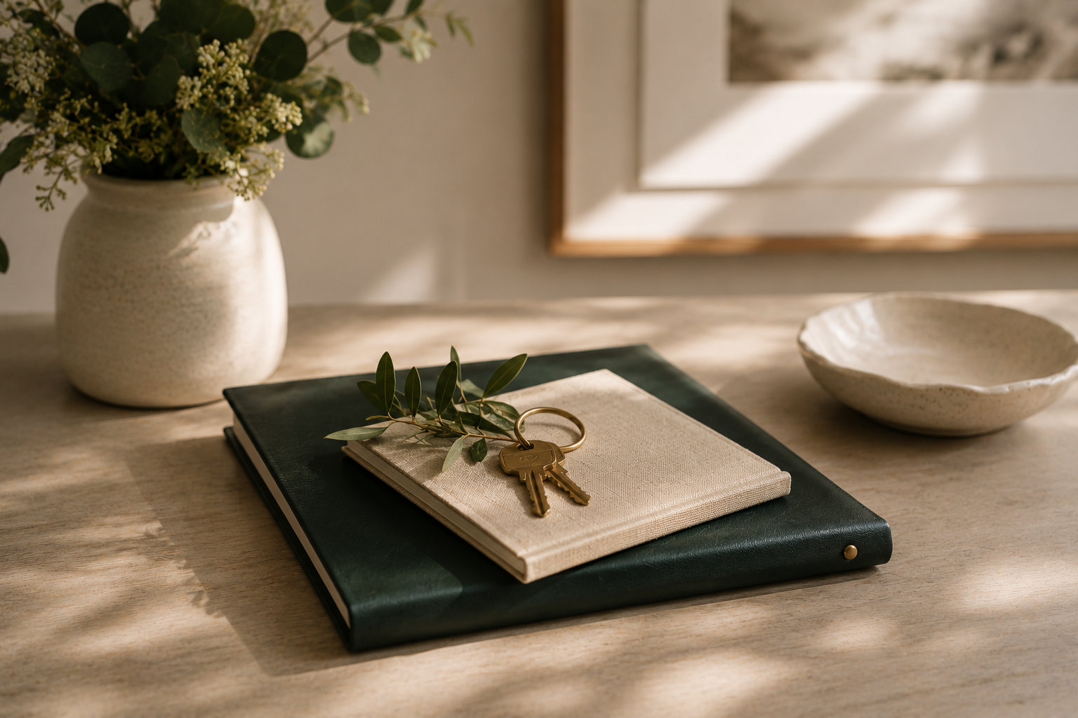 A wooden table with a white notebook, a green folder, and a small branch with leaves. A gold keychain with two keys and a small leaf is on top of the notebook. In the background, there is a white ceramic vase with greenery and a shallow bowl, with a framed picture on the wall.