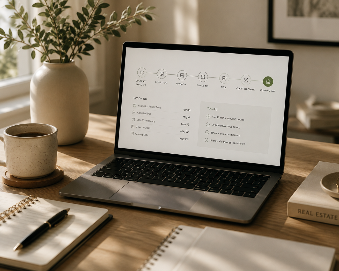 Laptop displaying real estate transaction management tasks and deadlines on an organized workspace.