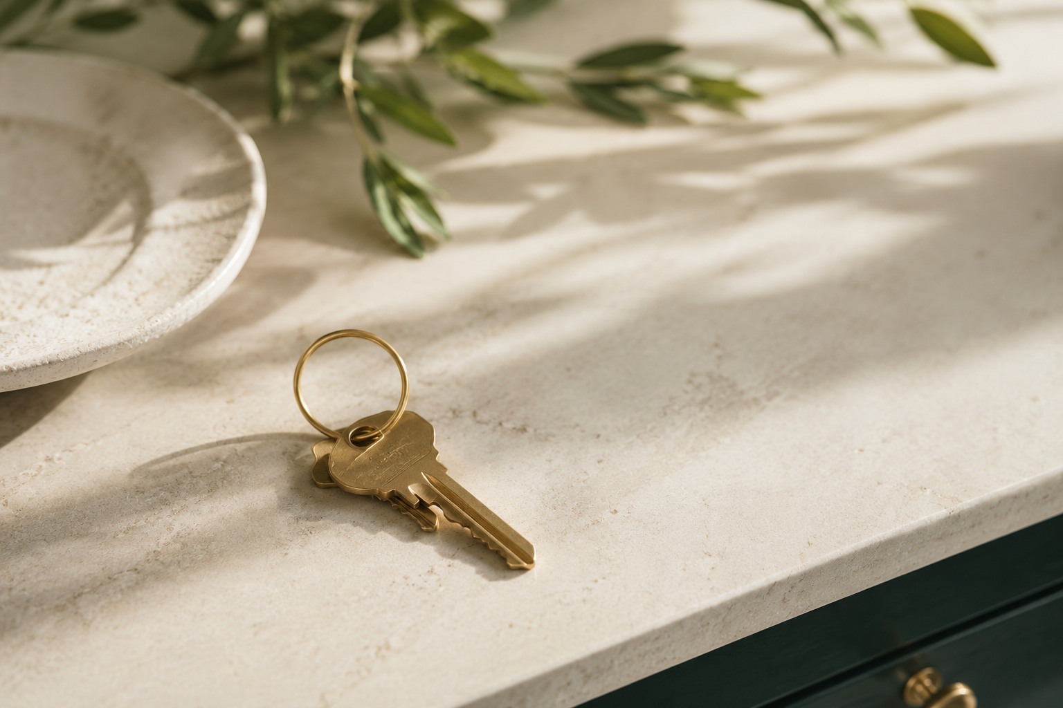 A gold key with a circular handle lying on a light-colored stone countertop next to a white ceramic dish and some green leaves cast shadow.