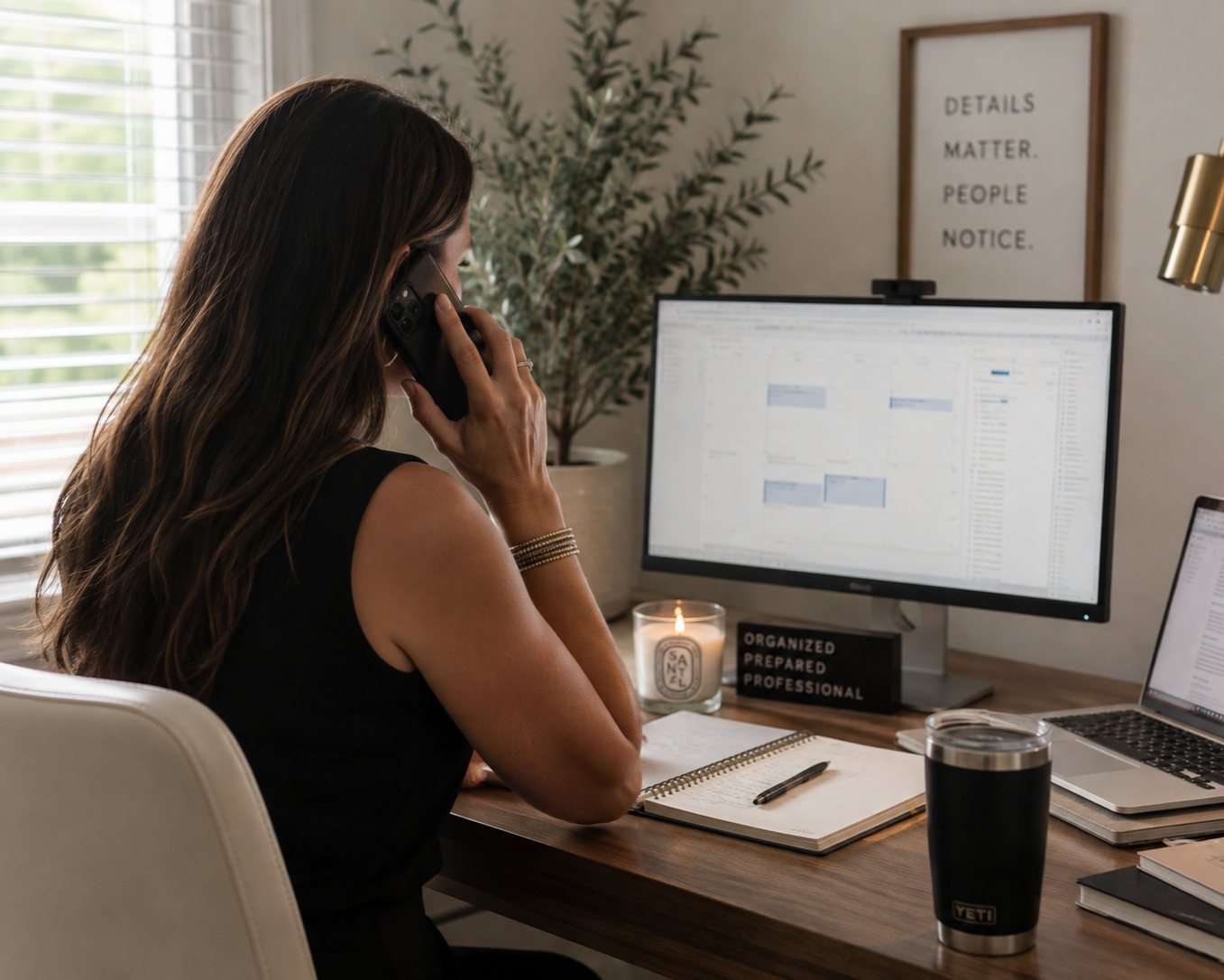 Transaction coordinator working at a desk while managing a real estate transaction by phone and computer.