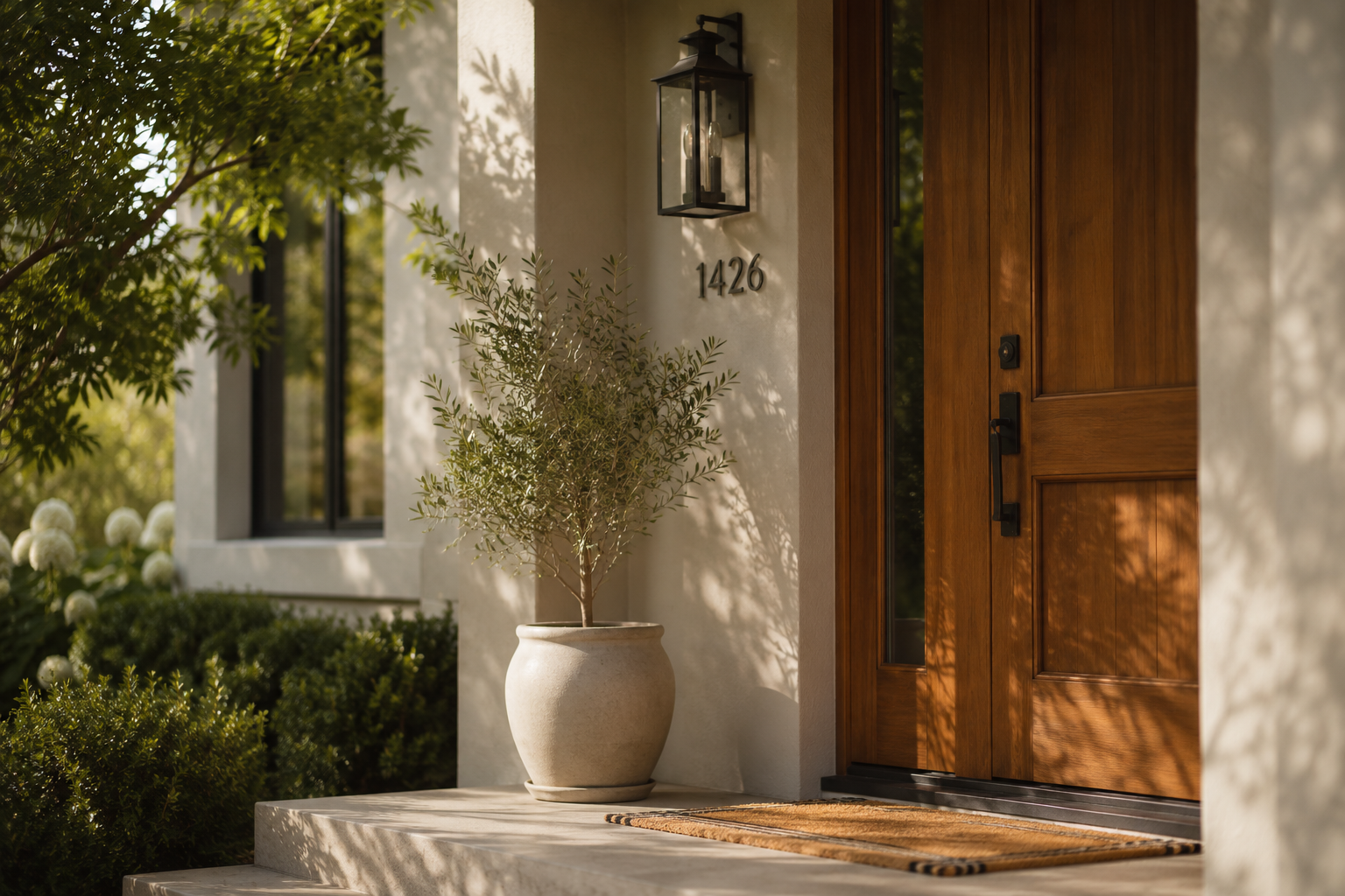 Close-up of a house entrance with a wooden door, a potted plant, house number 1426, and a lantern-style light fixture.