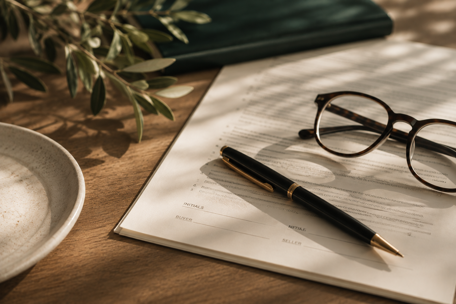 A pair of tortoiseshell glasses, a black and gold pen, a document with spaces for initials, buyer, and seller, a sprig of green leaves, a ceramic dish, and a closed book are arranged on a wooden surface with soft, natural lighting.