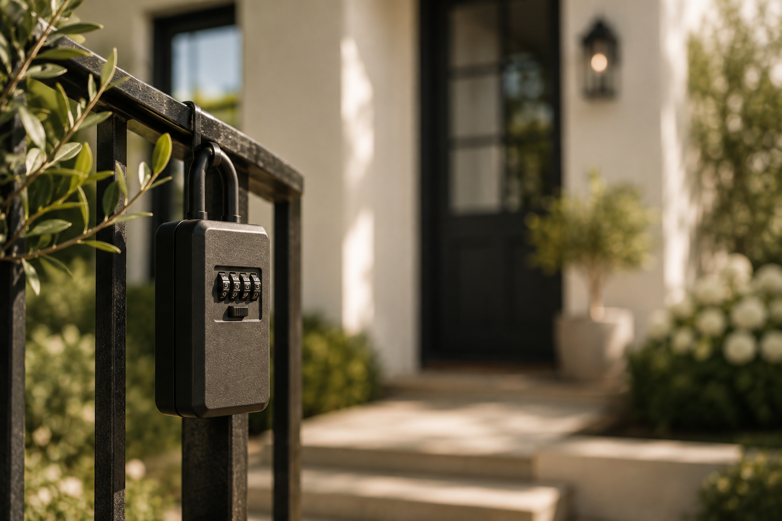 Black combination lock on a black metal gate in front of a house entrance with a window and door, green bushes, and white flowers nearby.