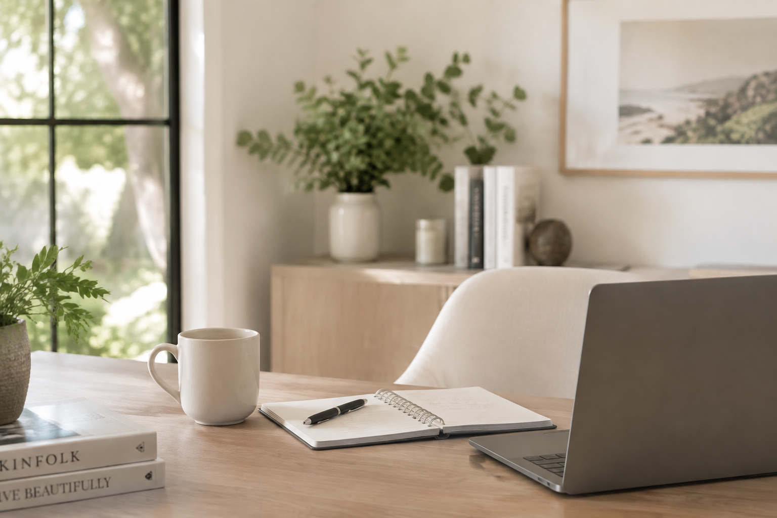 Bright home office workspace with laptop, notebook, coffee mug, and plants.
