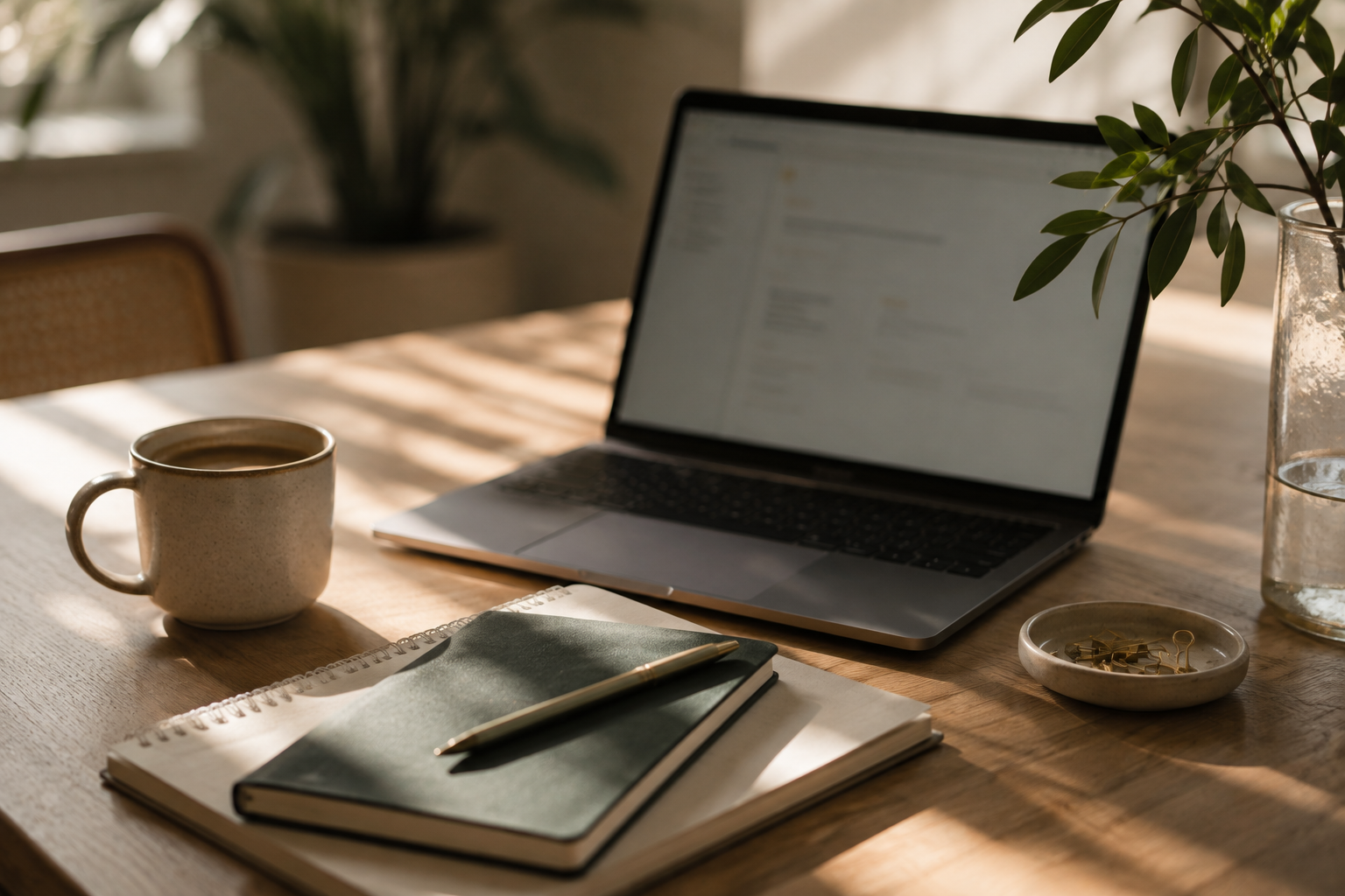 A workspace with a laptop, a notebook, a pen, a mug of coffee, a bowl with paper clips, and a tall glass of water on a wooden table, illuminated by natural light.
