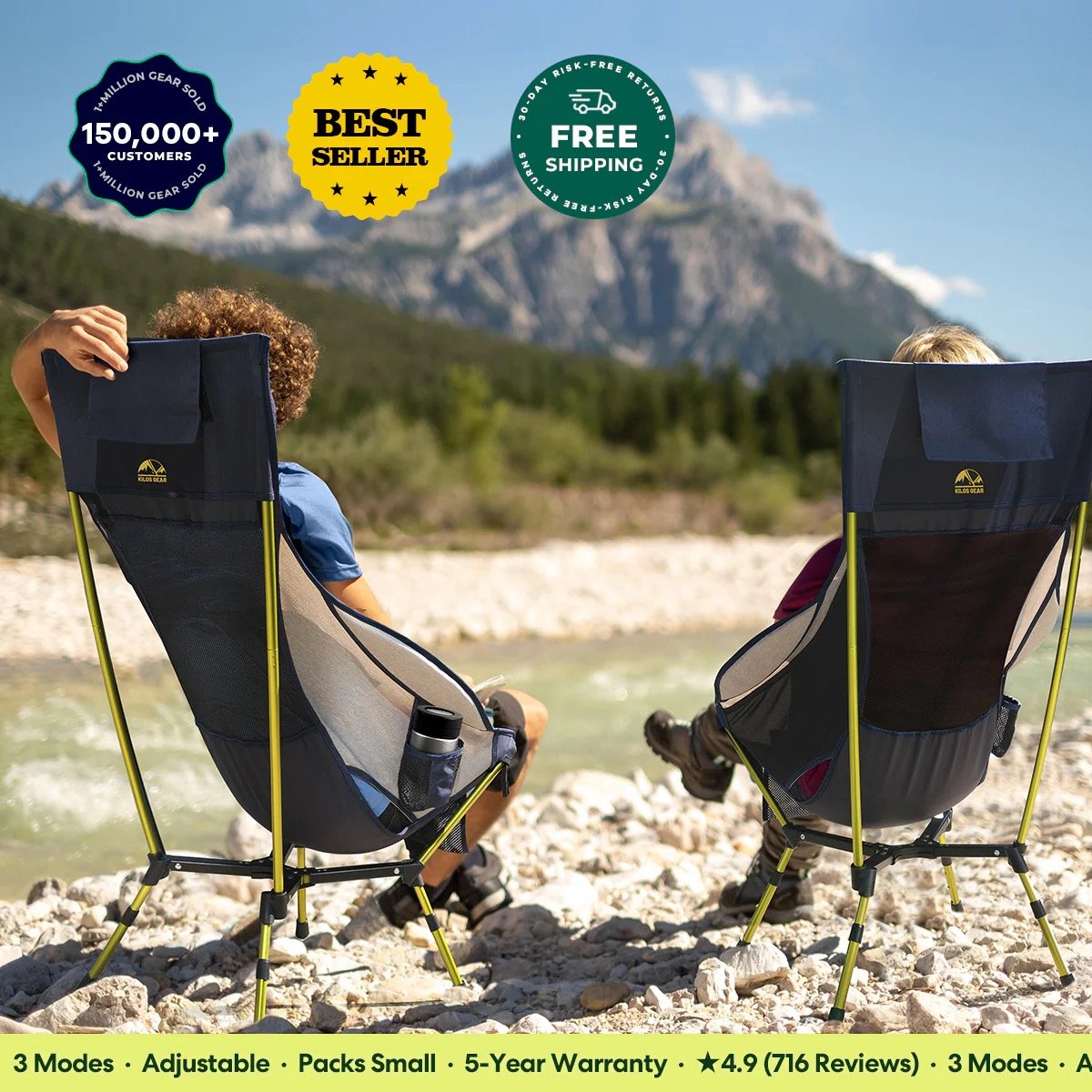 Two children sitting on portable camping chairs by a river with mountains in the background, promotional stickers for gear sale, free shipping, best seller, and customer reviews.