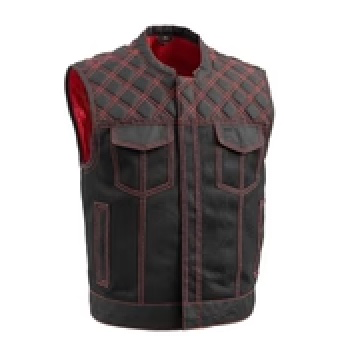 Black vest with red plaid pattern on the shoulders and red accents, front view, sleeveless.