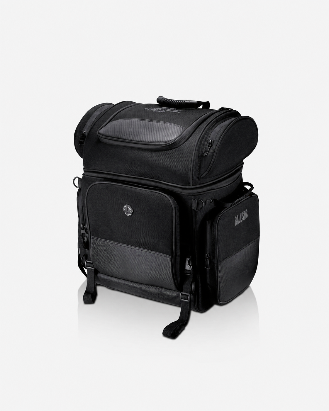 Black travel and camera backpack with multiple compartments and zippers.