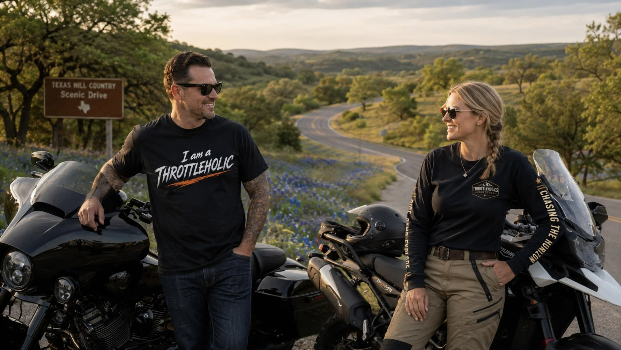 A man and woman in motorcycle gear standing beside black motorcycles on a scenic rural road with green hills and trees in the background during sunset.