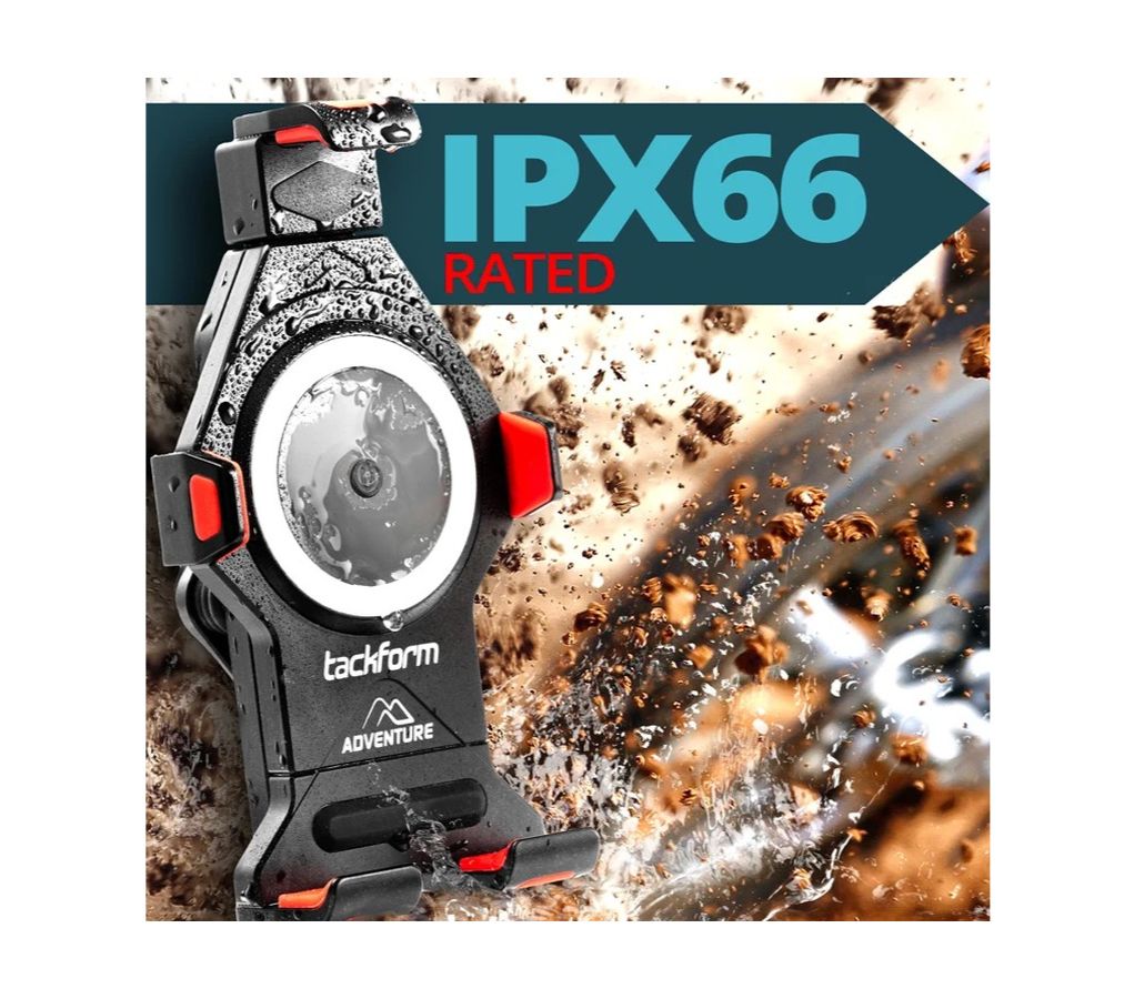 A rugged watch with a black and red design, water droplets on its surface, set against a background of dirt and rocks, indicating its durability and water resistance, with a label stating IPX66 rated.