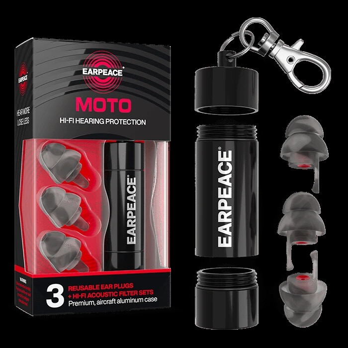 Package and components of EarPeace MOTO reusable ear plugs, including three earplugs, a black aluminum case, and a small black container with a keychain attachment.