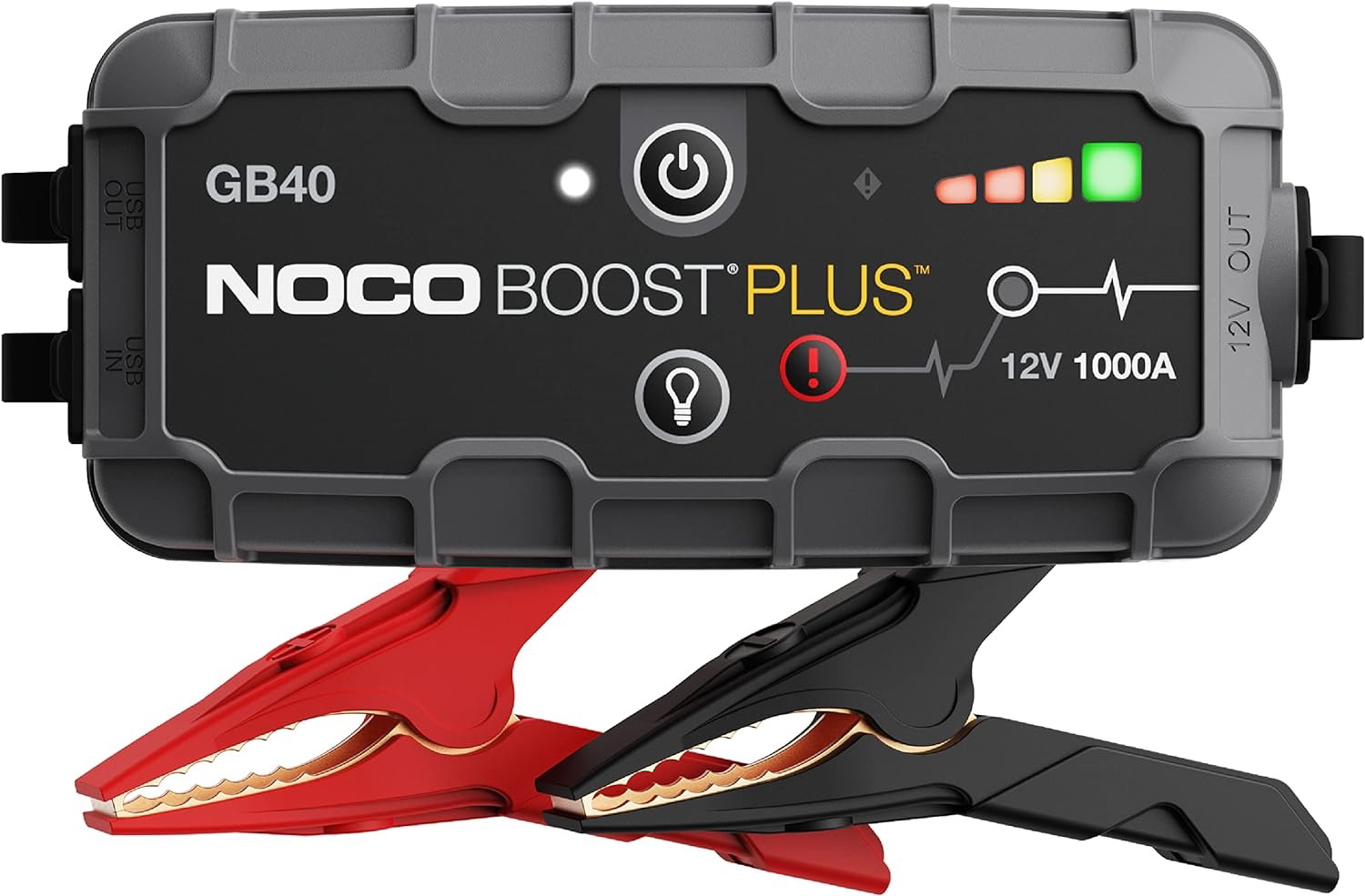 Car battery boost box with red and black clamps attached, showing LED indicator lights and warning symbols.