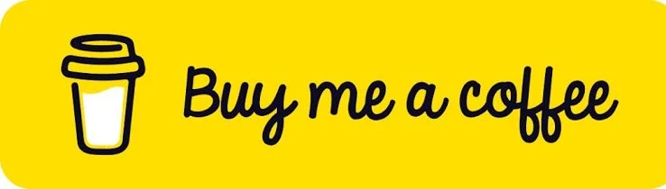 Yellow background with a black outline illustration of a to-go coffee cup and the text 'Buy me a coffee' in black, playful font.