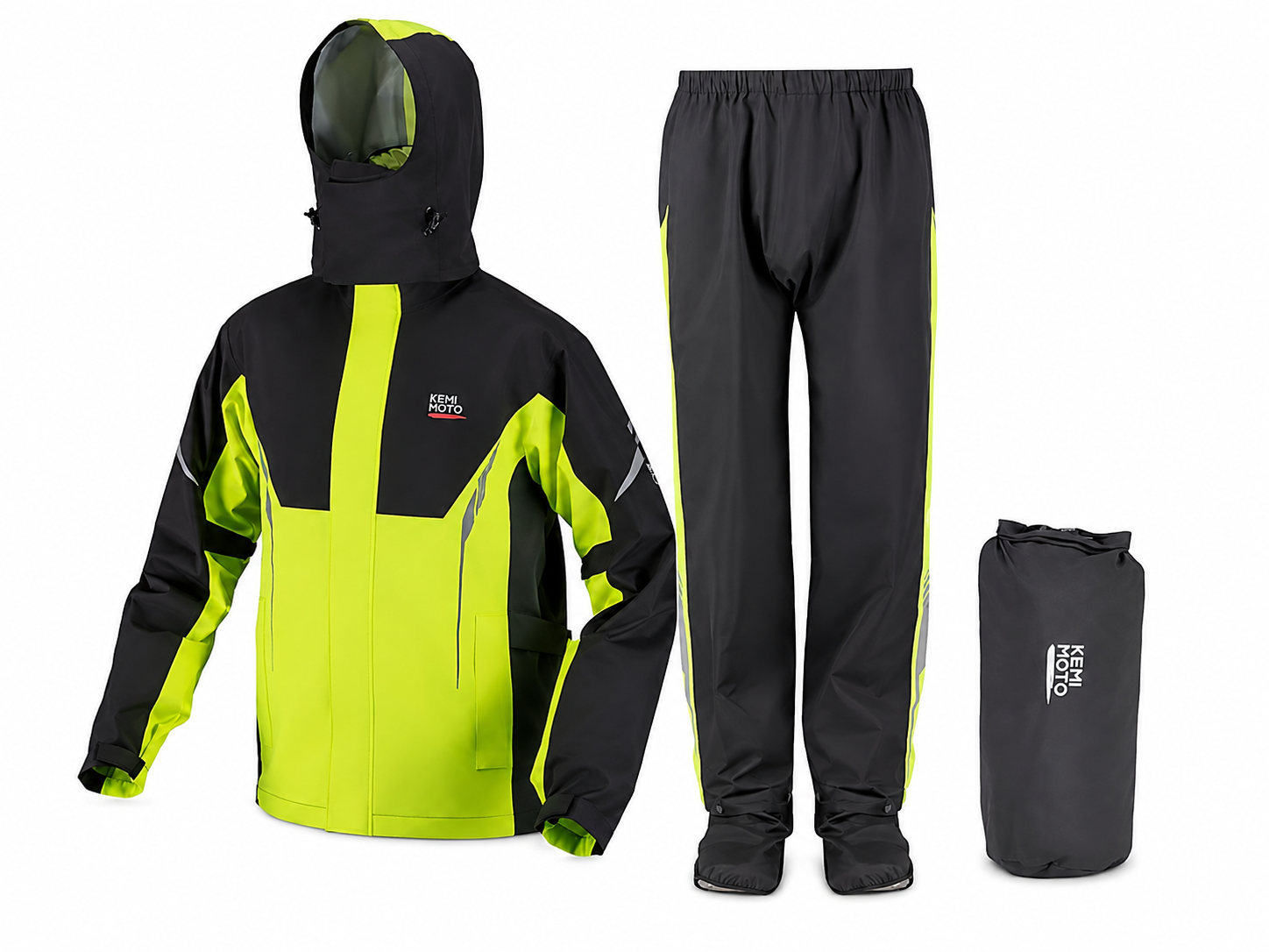 High visibility motorcycle gear set including a jacket, pants, and a storage bag. The jacket is black with neon yellow accents, and the pants are black with yellow details. The storage bag has a logo that reads 'KEMI MOTO'.