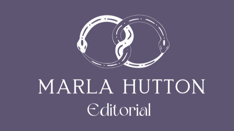 Logo with two interlinked snakes (ouroboroi) and the text 'Marla Hutton Editorial' on a purple background.