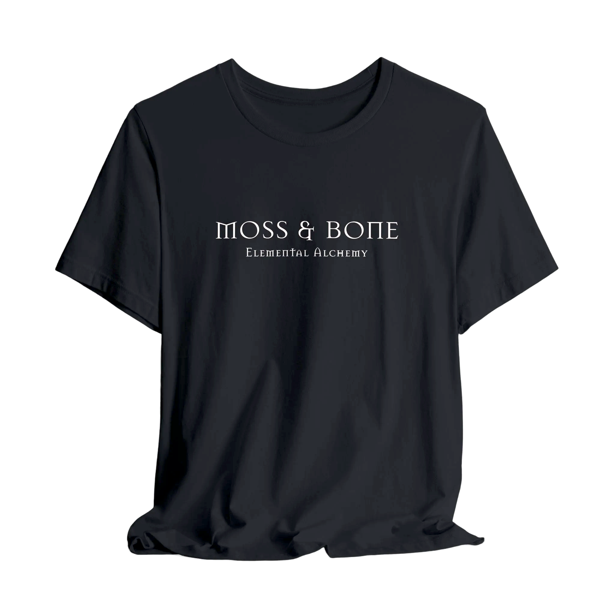 Black t-shirt with white text reading 'MOSS & BONE -- ELEMENTAL ALCHEMY'.