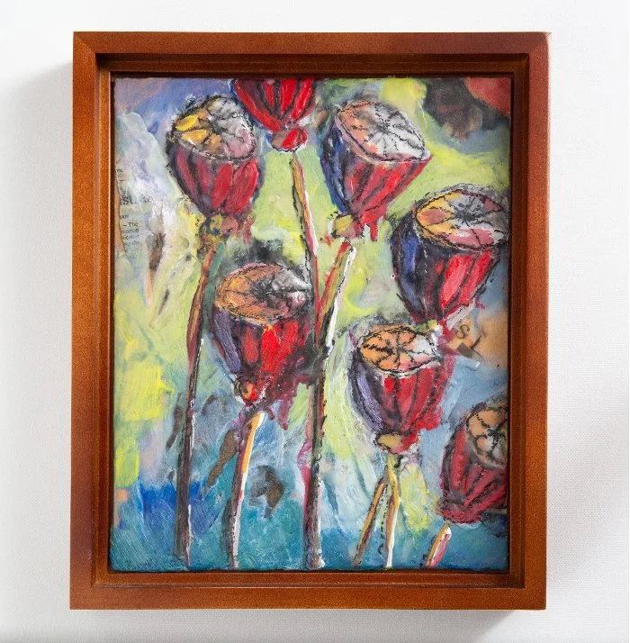 Poppies. Encaustic wax, newspaper, and charcoal on board. 2026 Deanna Varble