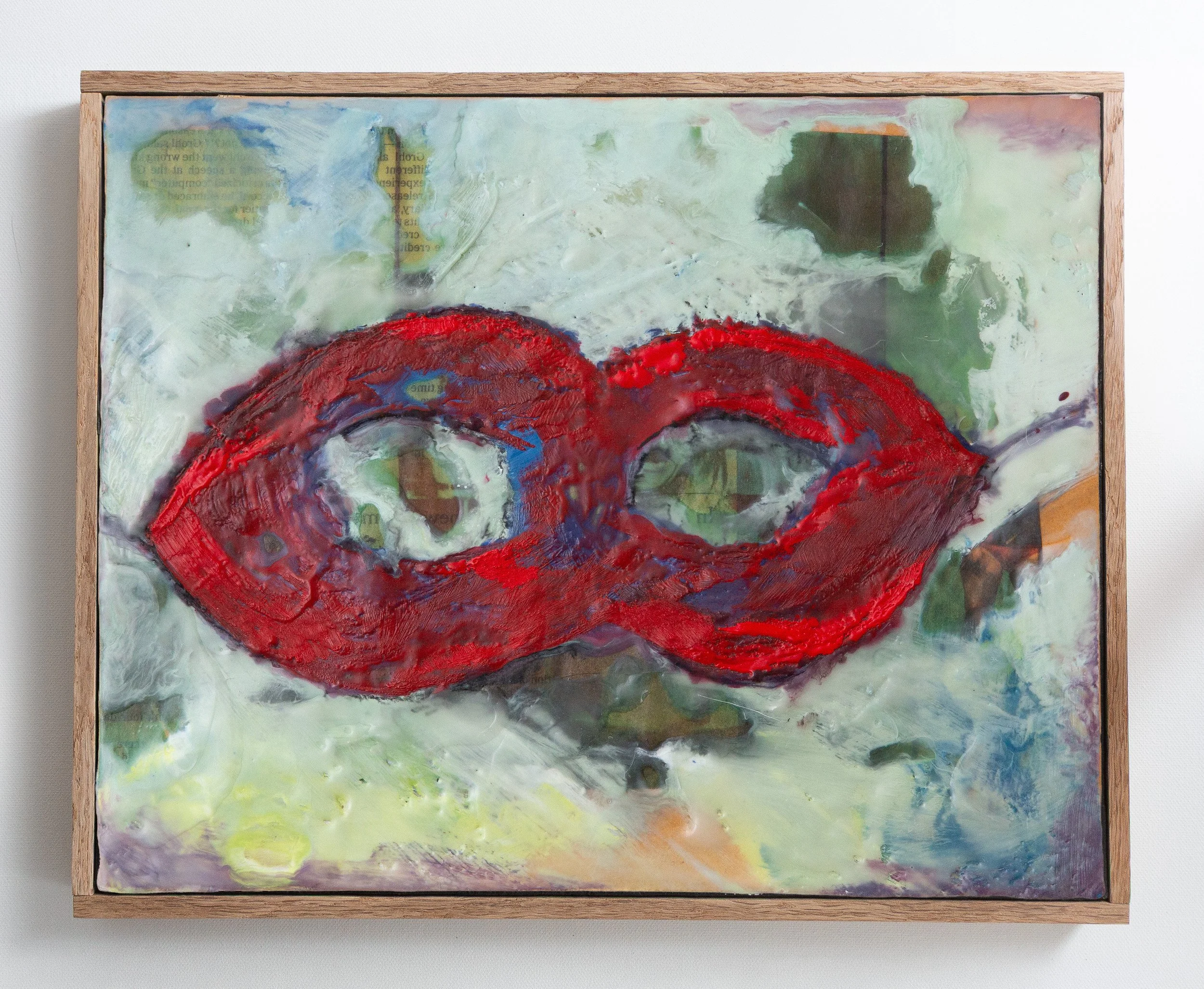 Mask. Encaustic wax, newspaper, and charcoal on board. 2026 Deanna Varble