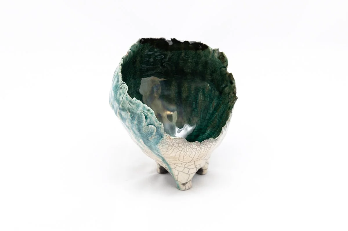 Ovary. Handbuilt. Raku fired Raku clay. 2026. Deanna Varble.