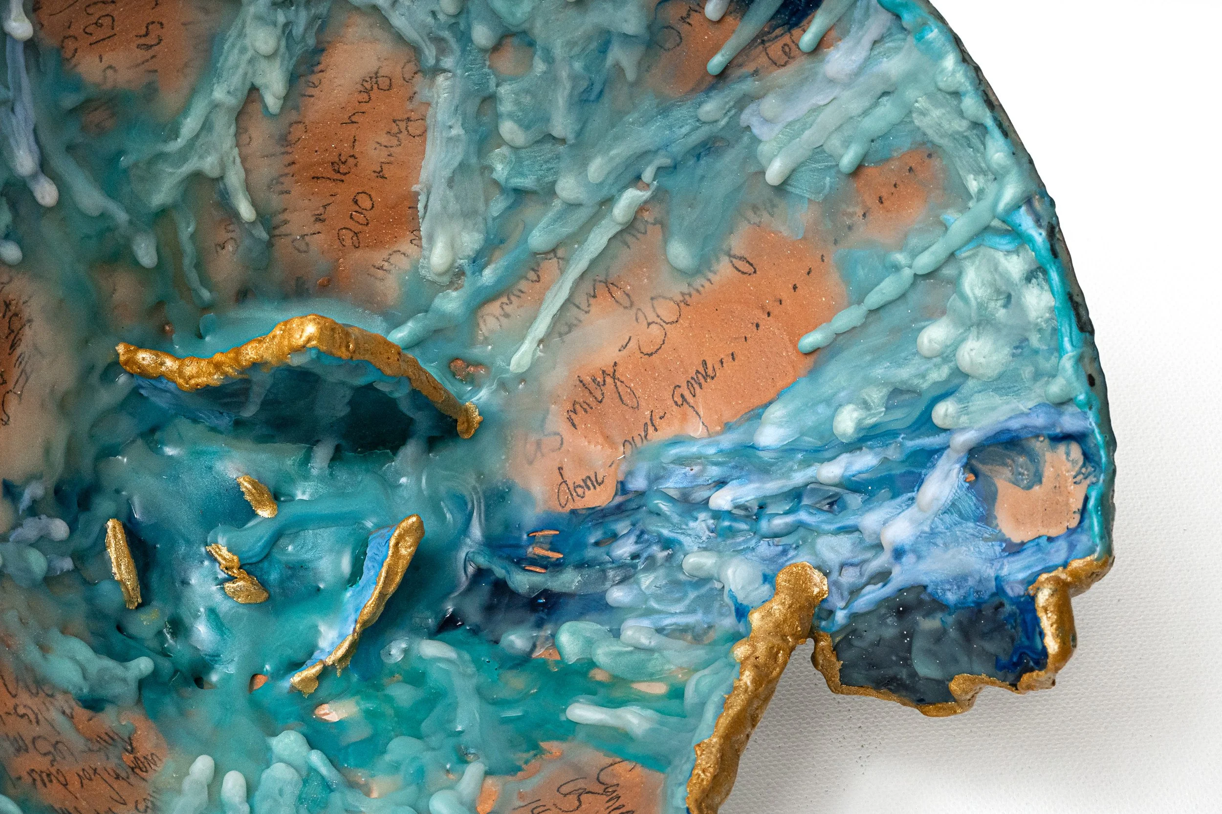 Bowl of Tears. Thrown form, modified. Clay, encaustic wax, Graphite, Gouache, Ink. 2026. Deanna Varble. Currently on display RoCo - Fire & Form.