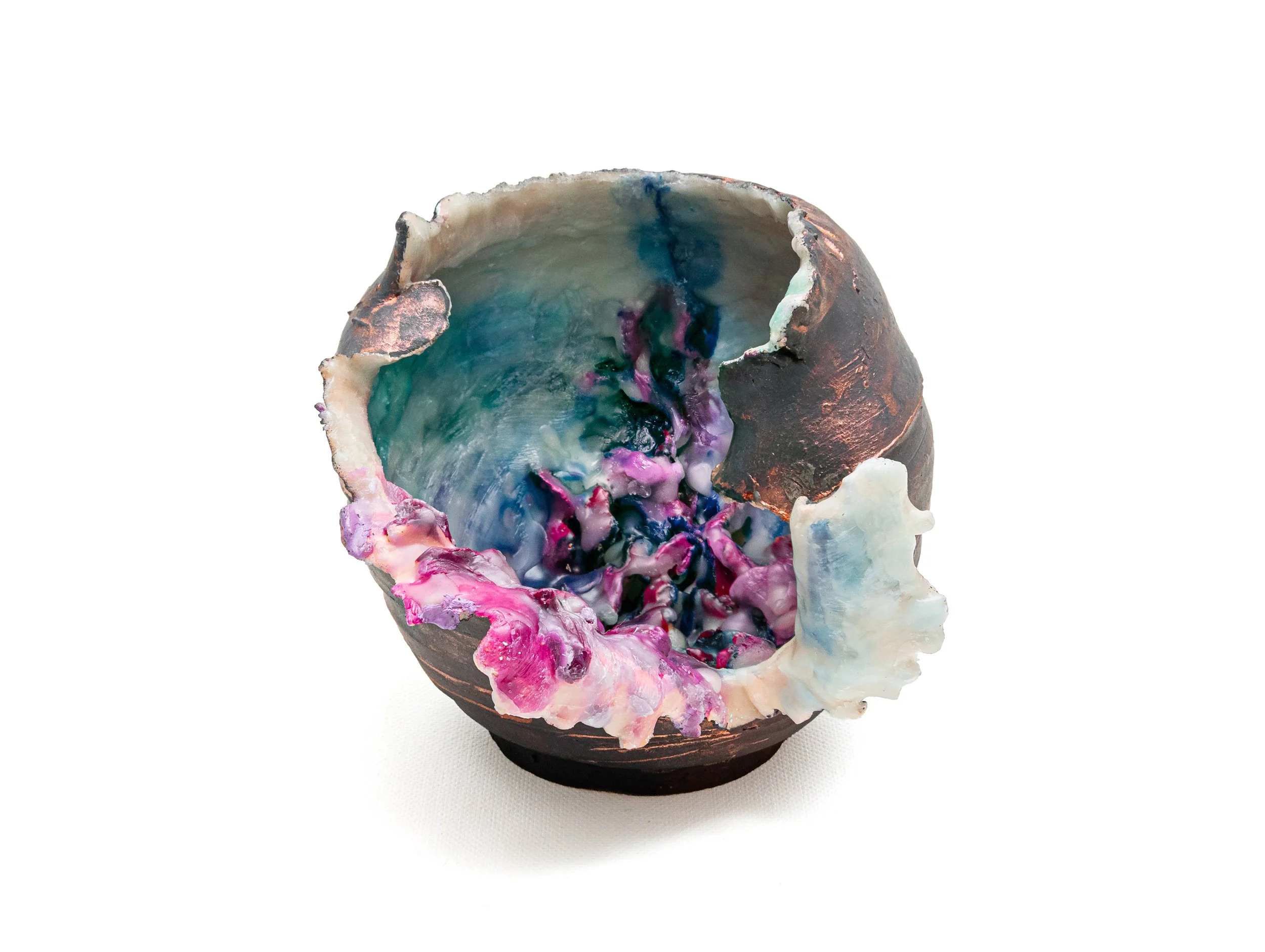 Bust. Thrown form, modified. Clay, encaustic wax, Gouache, Ink. 2026. Deanna Varble. On display at RoCo - Fire and Form.