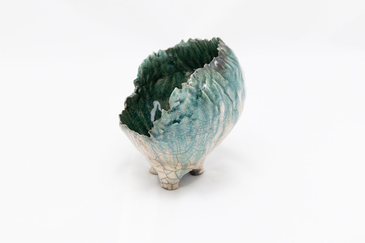 Ovary. Handbuilt. Raku fired Raku clay. 2026. Deanna Varble.