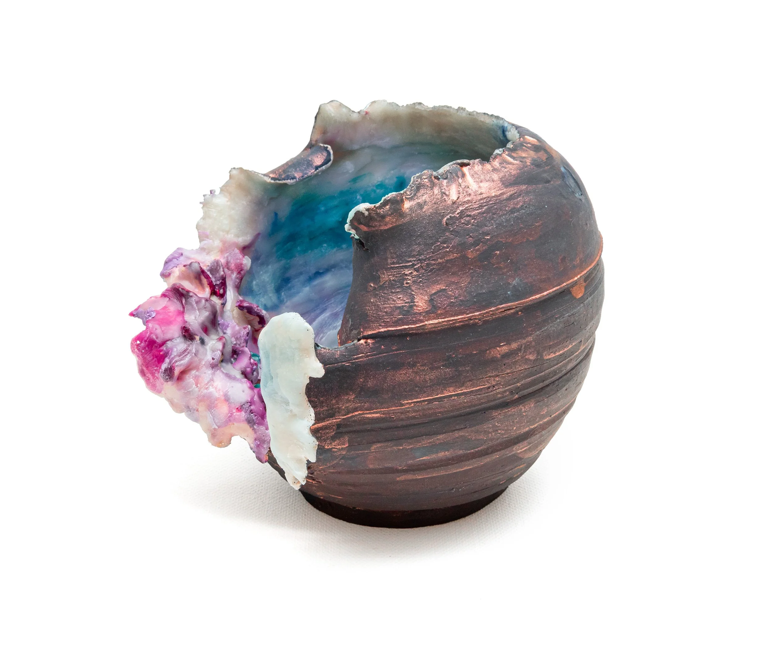 Bust. Thrown form, modified. Clay, encaustic wax, Gouache, Ink. 2026. Deanna Varble. On display at RoCo - Fire and Form.

