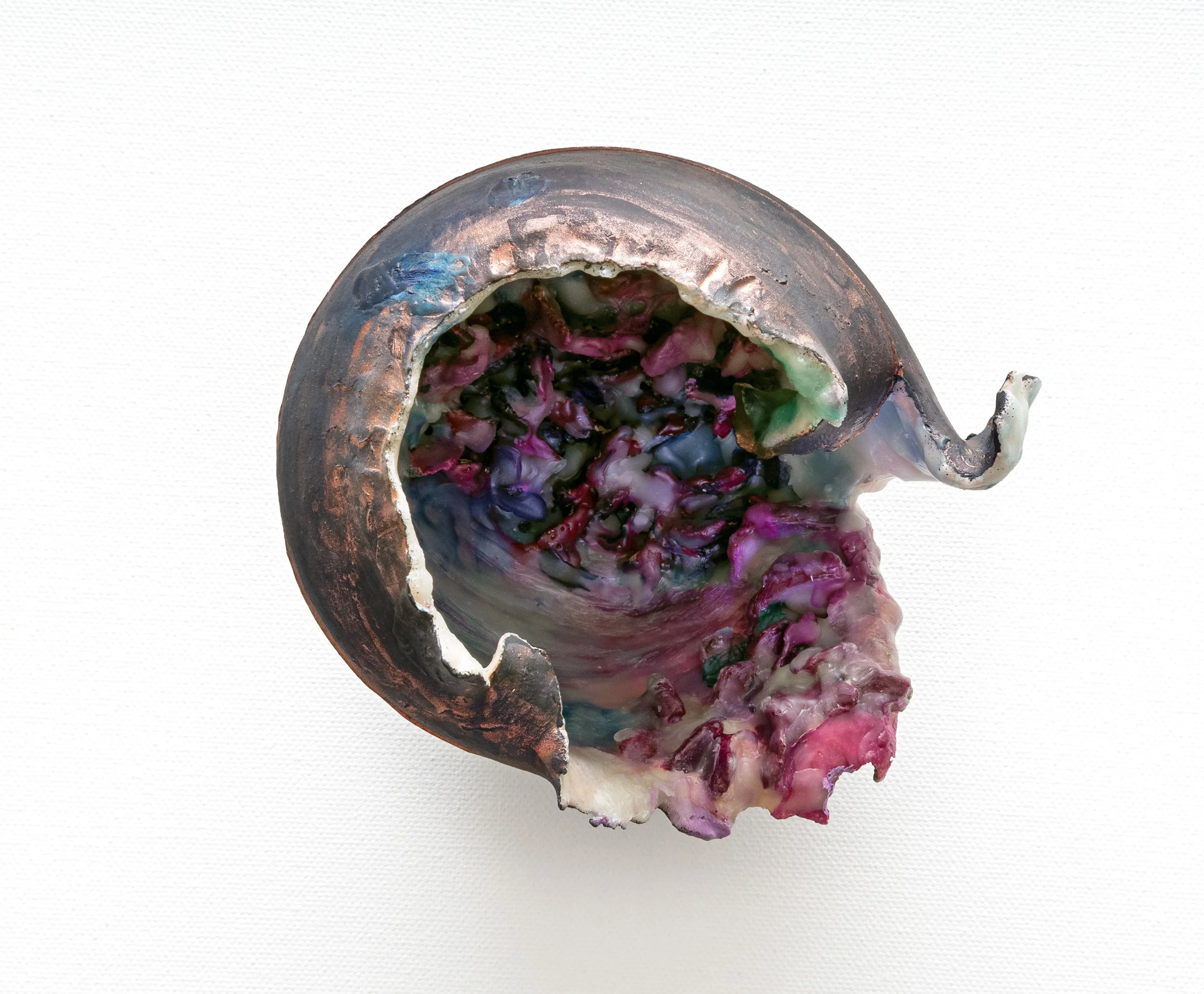 Bust. Thrown form, modified. Clay, encaustic wax, Gouache, Ink. 2026. Deanna Varble. On display at RoCo - Fire and Form.