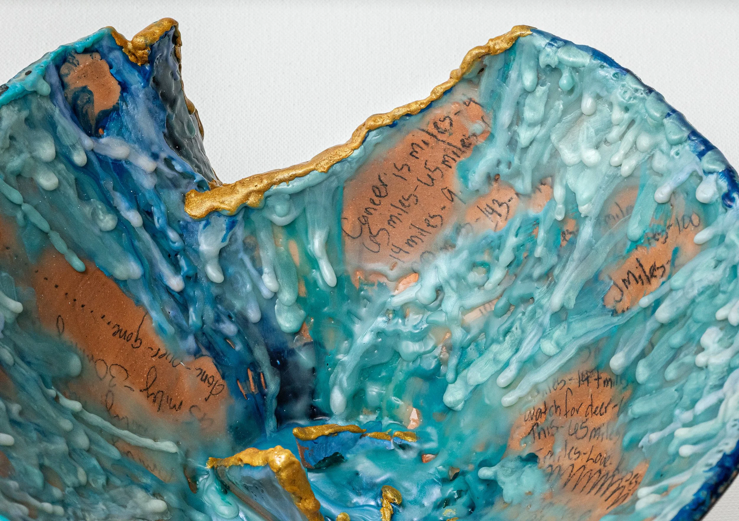 Bowl of Tears. Thrown form, modified. Clay, encaustic wax, Graphite, Gouache, Ink. 2026. Deanna Varble. Currently on display RoCo - Fire & Form.