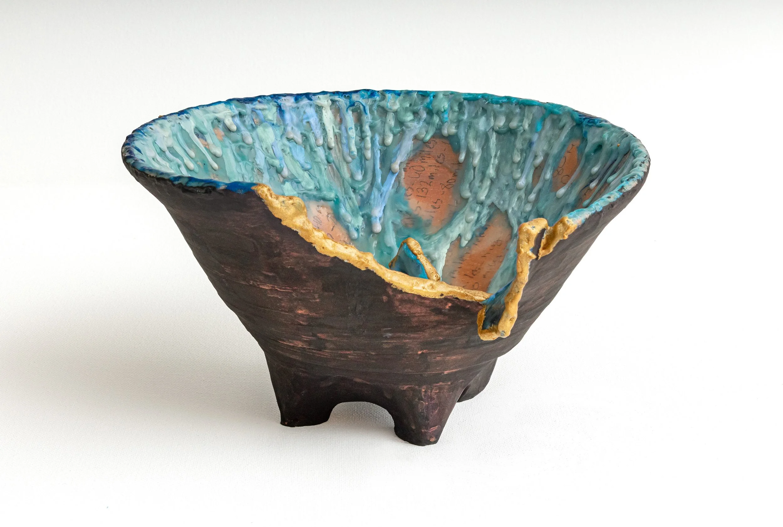 Bowl of Tears. Thrown form, modified. Clay, encaustic wax, Gouache, Ink, Grapite. 2026. Deanna Varble.
