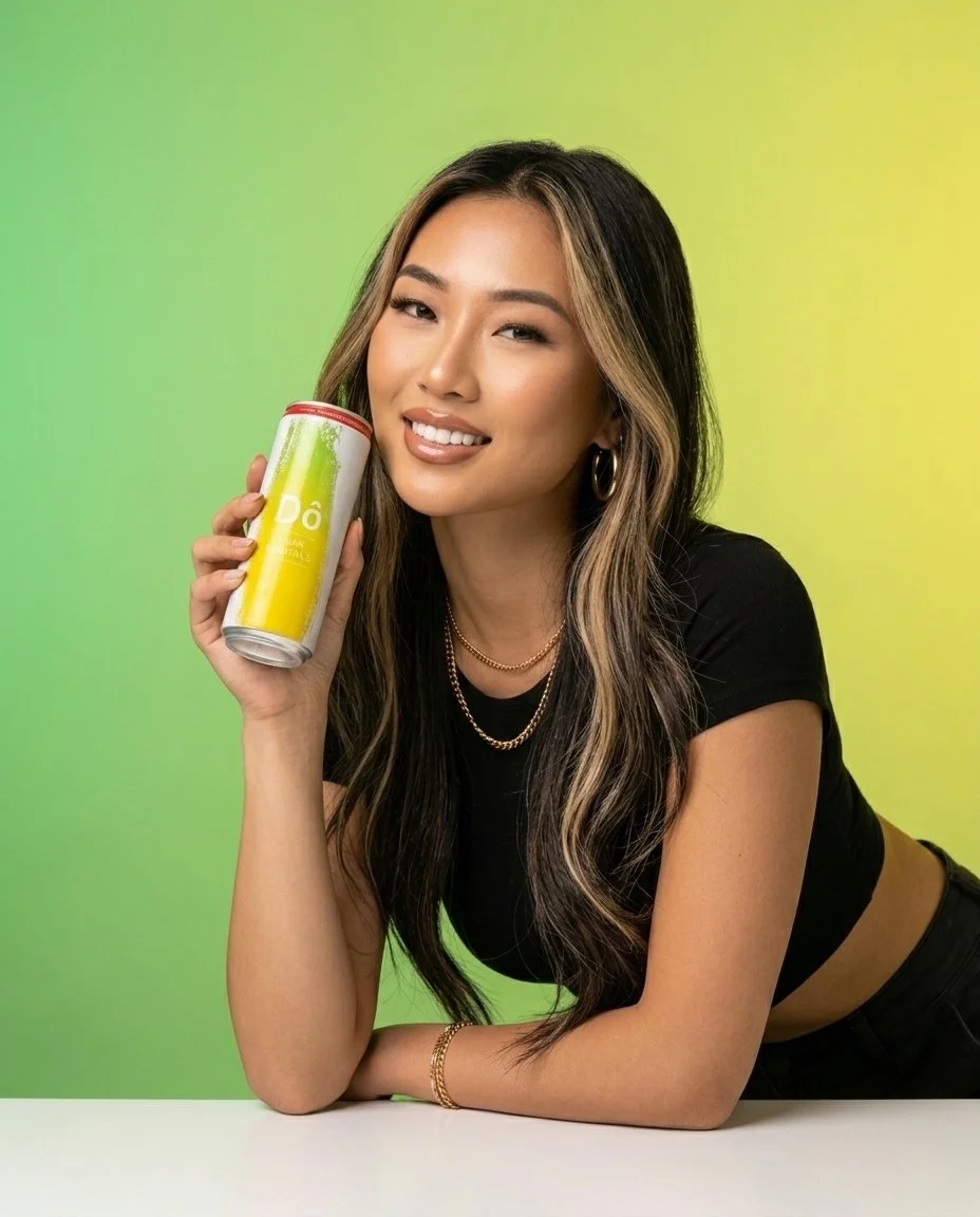 A woman with long dark hair with blonde highlights, wearing hoop earrings, a black crop top, and layered necklaces, is smiling and winking while holding a can of Do Asian Cocktails against a gradient green background.
