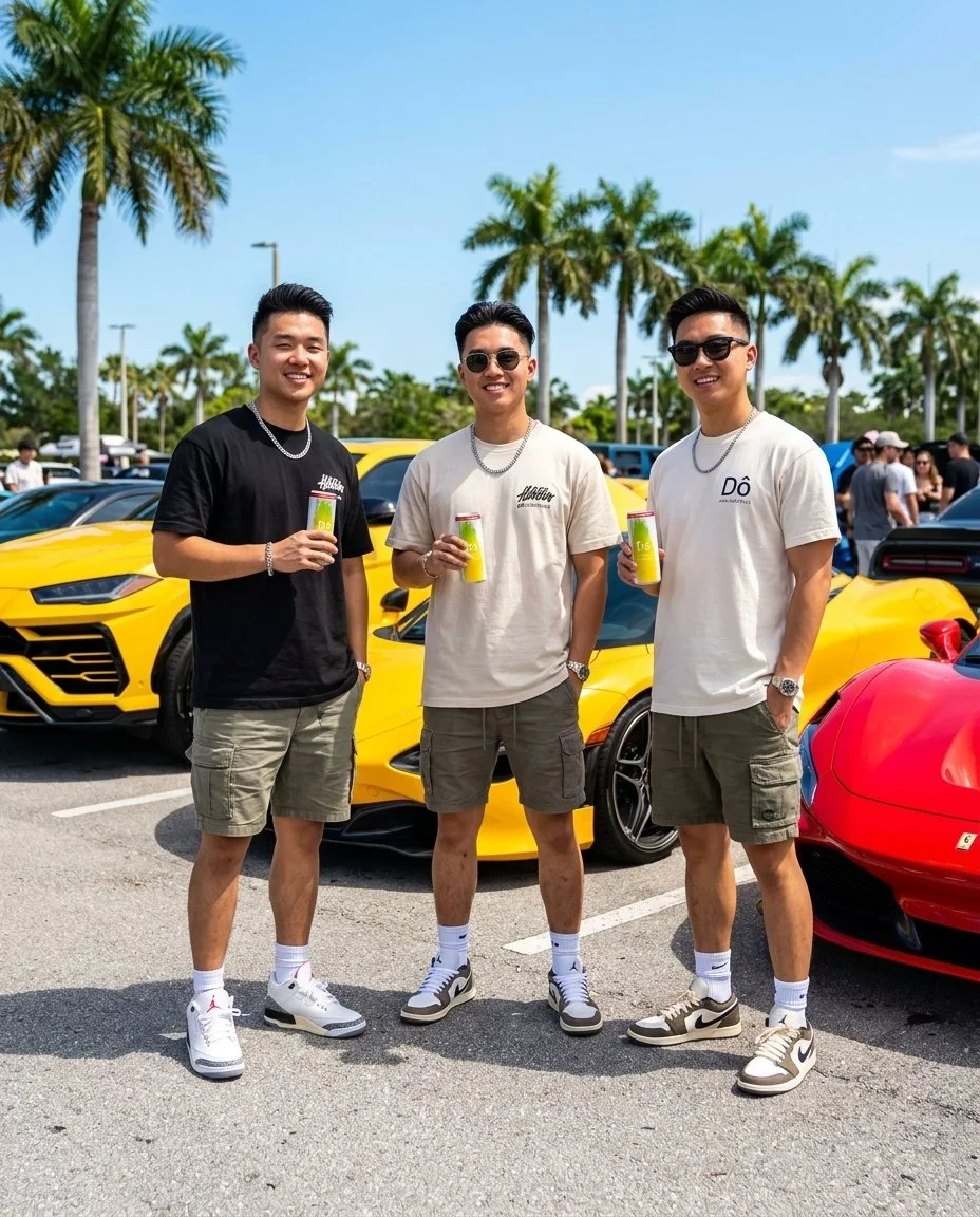 Three young men standing in front of luxury cars, smiling, holding Do Asian Cocktail Fruit Vodka Seltzers, wearing casual t-shirts, shorts, sneakers, and sunglasses, under a sunny sky with palm trees.