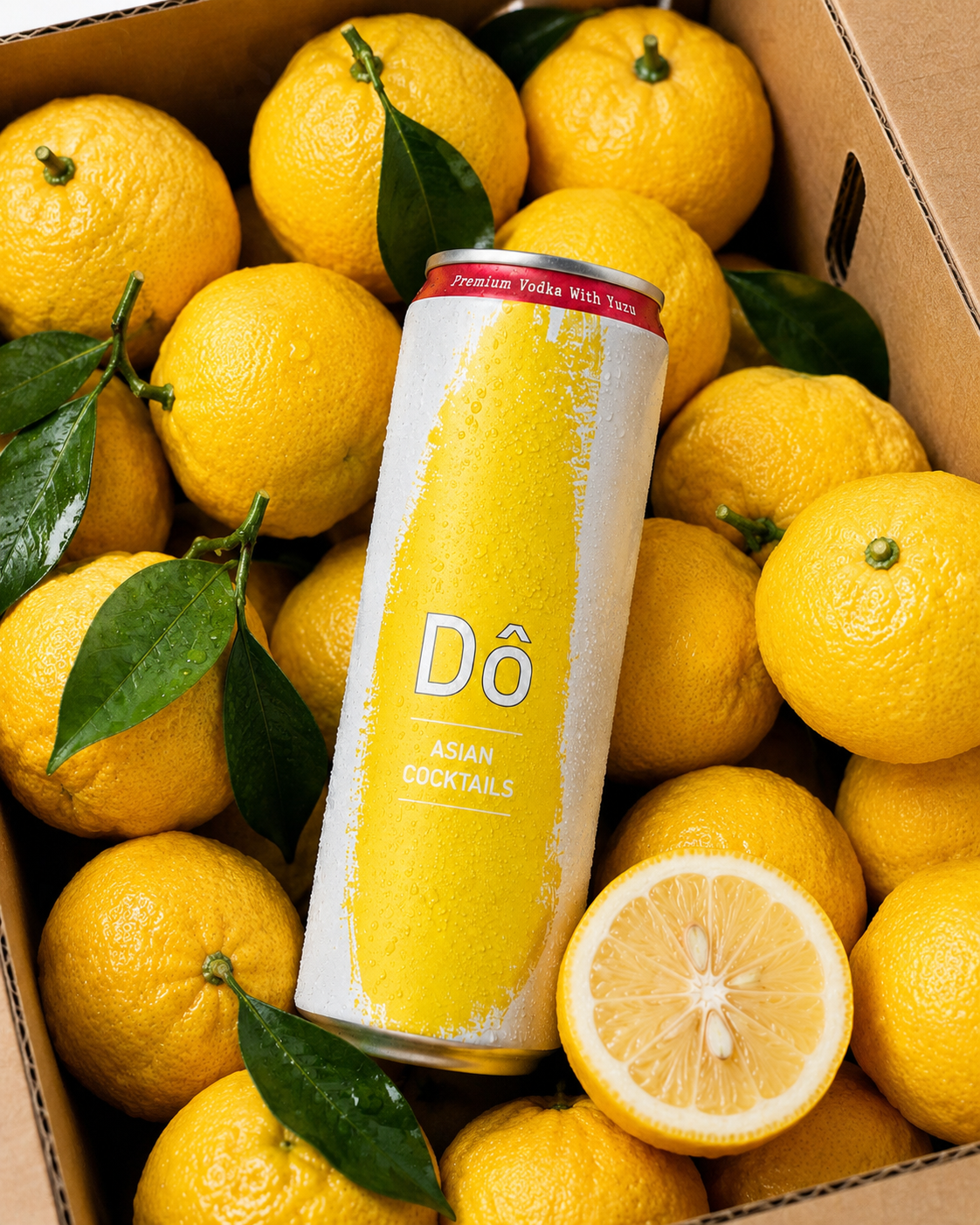 A can of Dô Asian Cocktails placed among fresh yellow lemons with green leaves, some lemons are whole and one is sliced open showing the inside.