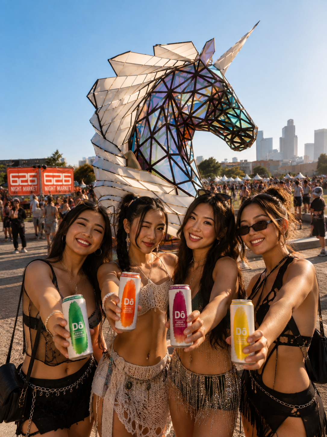 Four women smiling and holding colorful Do Asian Cocktails at a Lost in Dreams festival with a large unicorn sculpture in the background and a city skyline visible.
