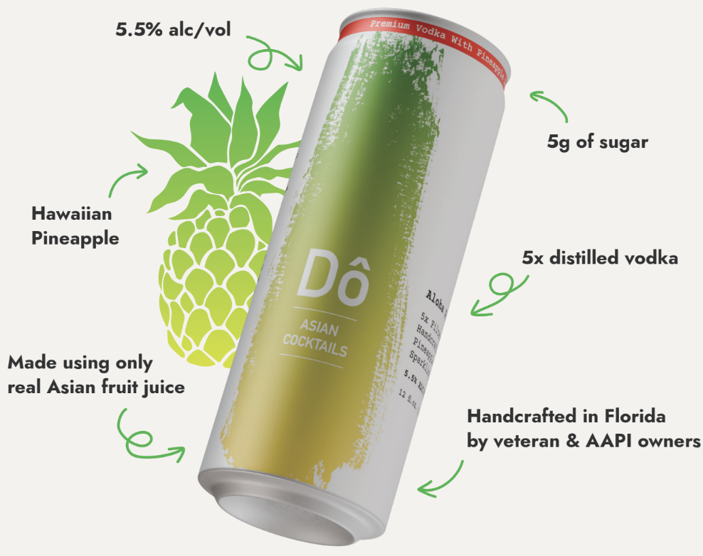 A can of Dô Asian Cocktails vodka drink with pineapple flavor, containing 5.5% alcohol, 5 grams of sugar, and made with real Asian fruit juice. The can features green and white colors, with a pineapple graphic, and is handcrafted in Florida by veteran and AAPI owners.