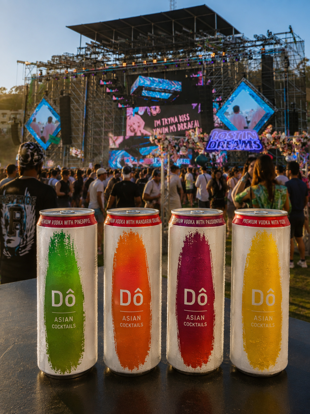 Four cans of Dô Asian Cocktails with different flavors (pineapple, mandarin orange, passionfruit, yuzu) are placed on a black surface at an outdoor music festival at sunset. The background shows a crowd of people watching a stage with large screens and colorful visuals.