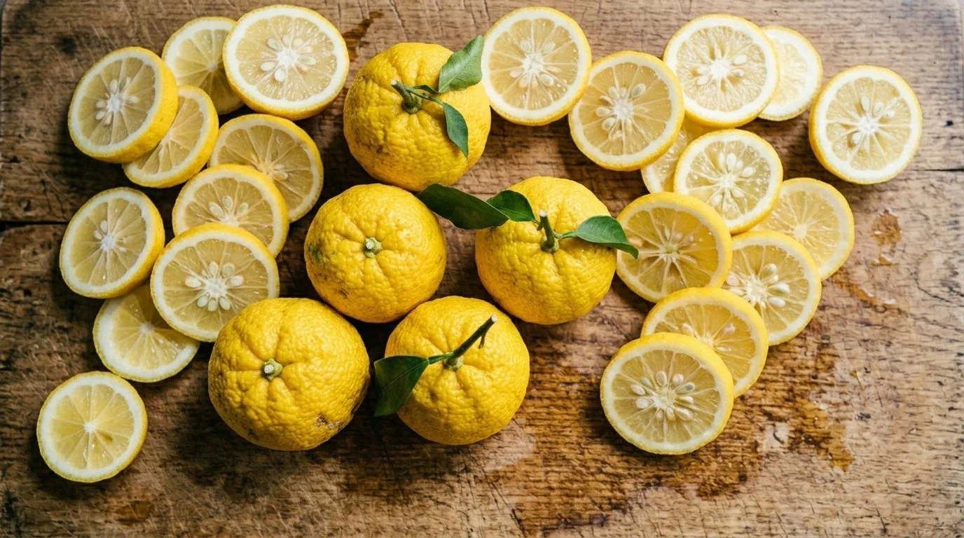 Five whole yellow citrus fruits with leaves, surrounded by sliced lemon pieces on a wooden surface used to make yuzu Dô hard seltzer