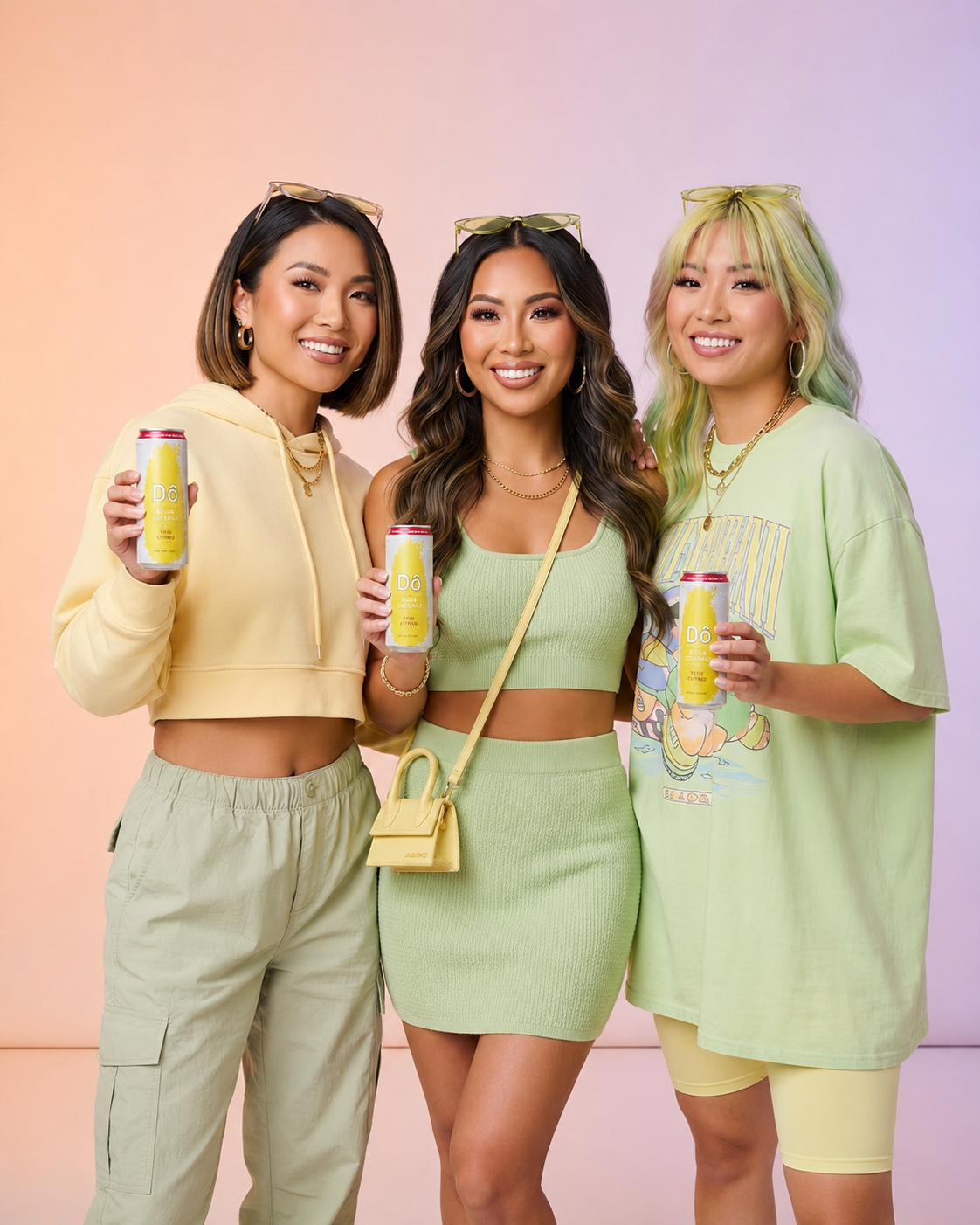 Three women smiling and holding cans of Do Asian Cocktail Fruit Vodka Seltzers, standing together against pastel-colored background.