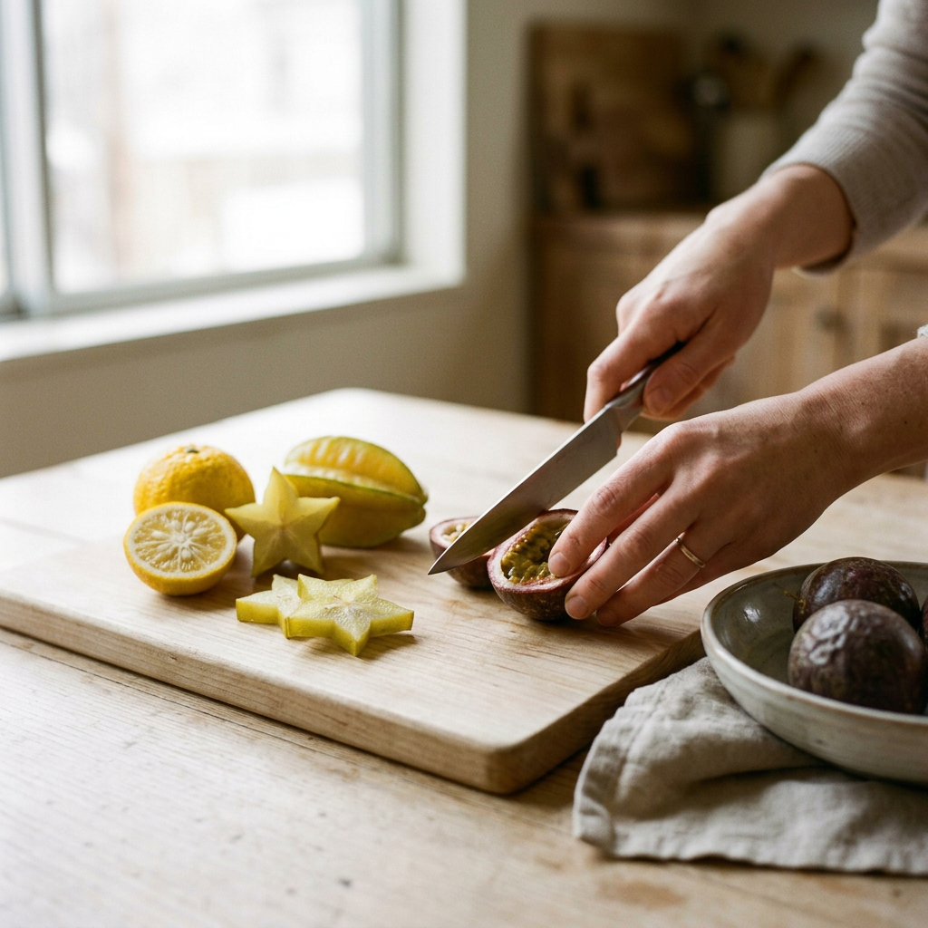 Person slicing passion fruit on a wooden cutting board alongside lemons and starfruit, with a bowl of fruit in a bright kitchen.